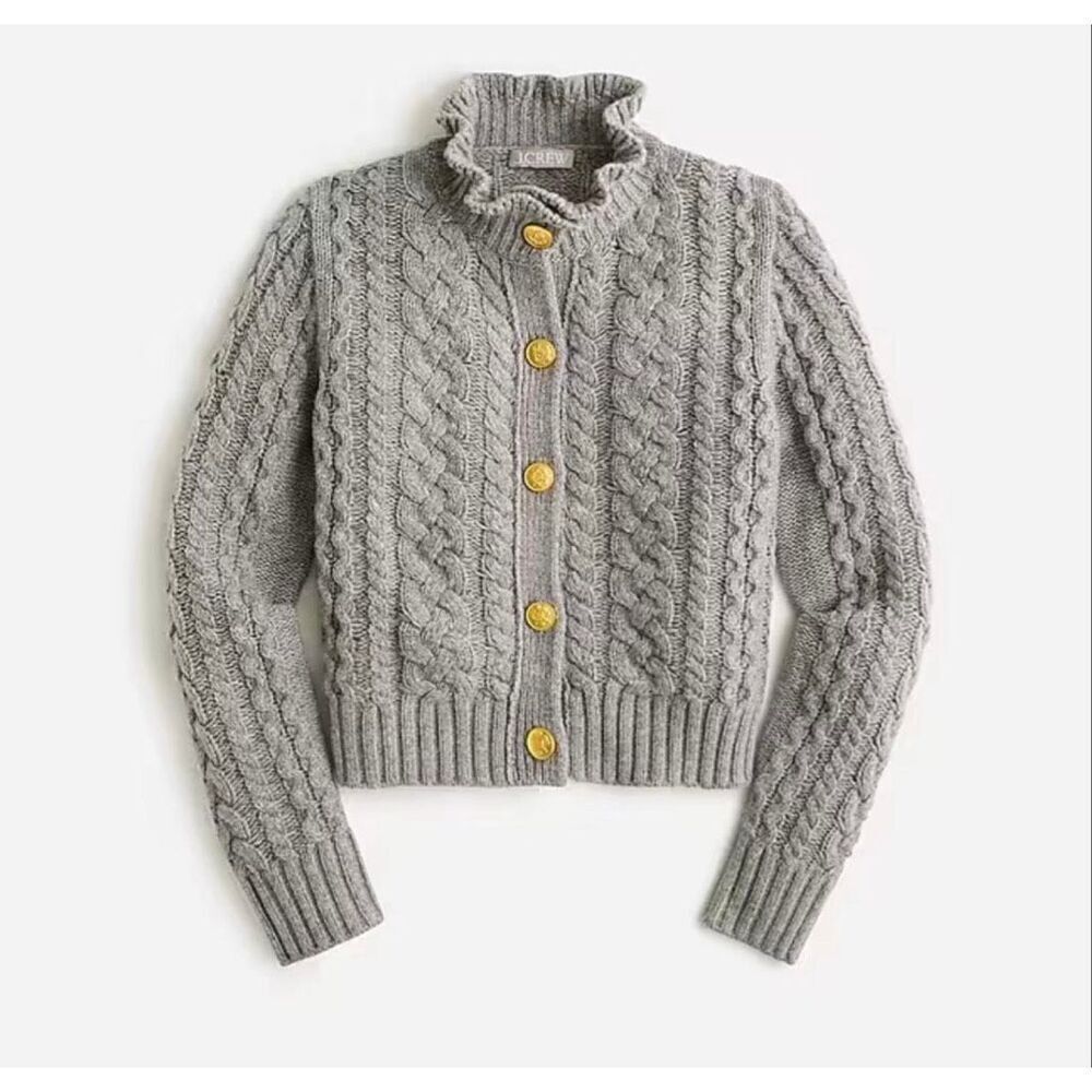 J.Crew grey ruffle neck cableknit cardigan sweater wool blend large - Picture 2 of 13